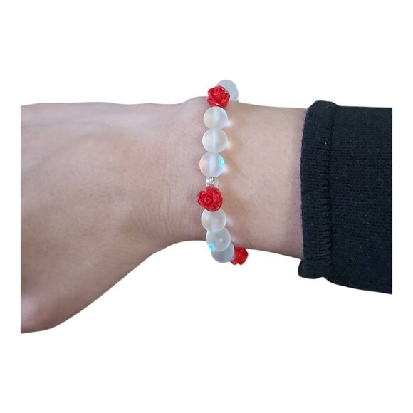 Handmade 7 Inch Rose Buds & Moon Crystal Bead Bracelet | Glass Spacer Slip-On - Picture 2 of 4